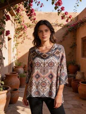 Ruby Rd. Women's Multicolor Geometric Print Cowl Neck 3/4 Sleeve Top Medium